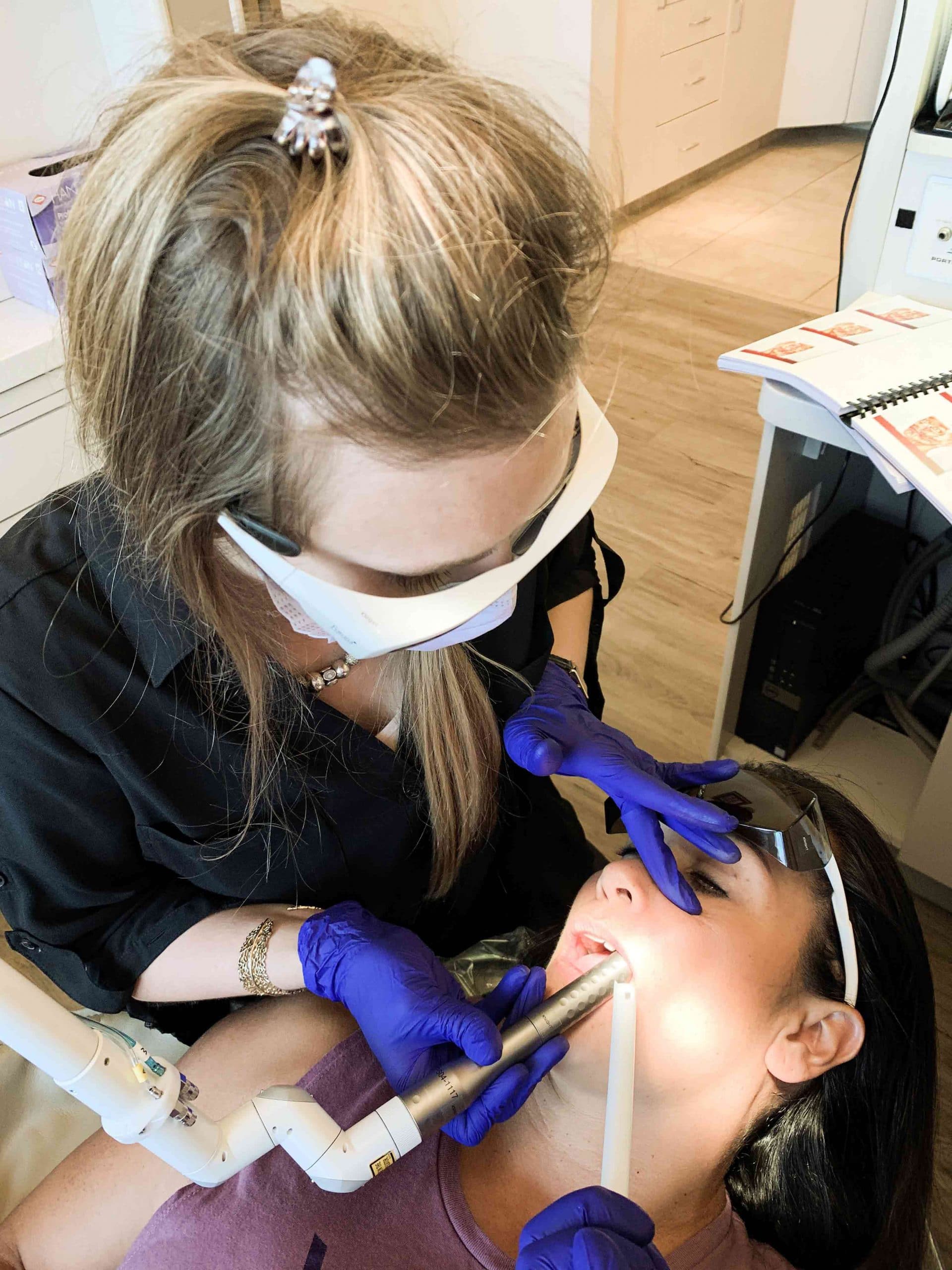 Before and after images of a facial esthetic procedure on a patient.